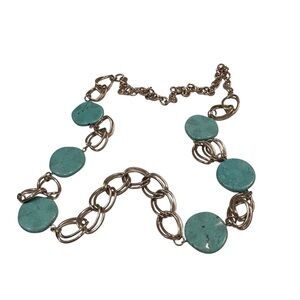 Turquoise Chain Necklace Flat Stone Silver Tone Heavy